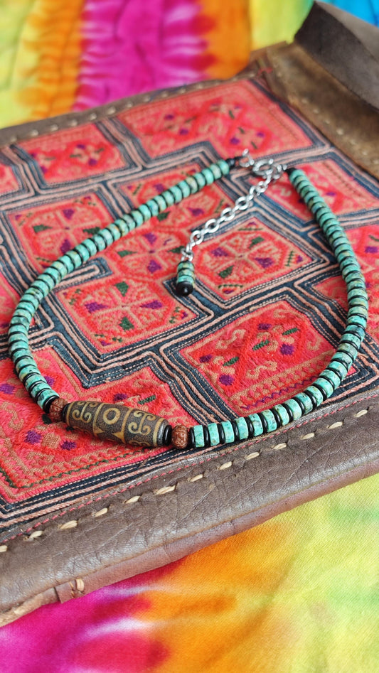 Vintage Tibetan Dzi Bead Turquoise Choker, Rudraksha Mala, Coconut Shell, Tribal Amulet Necklace