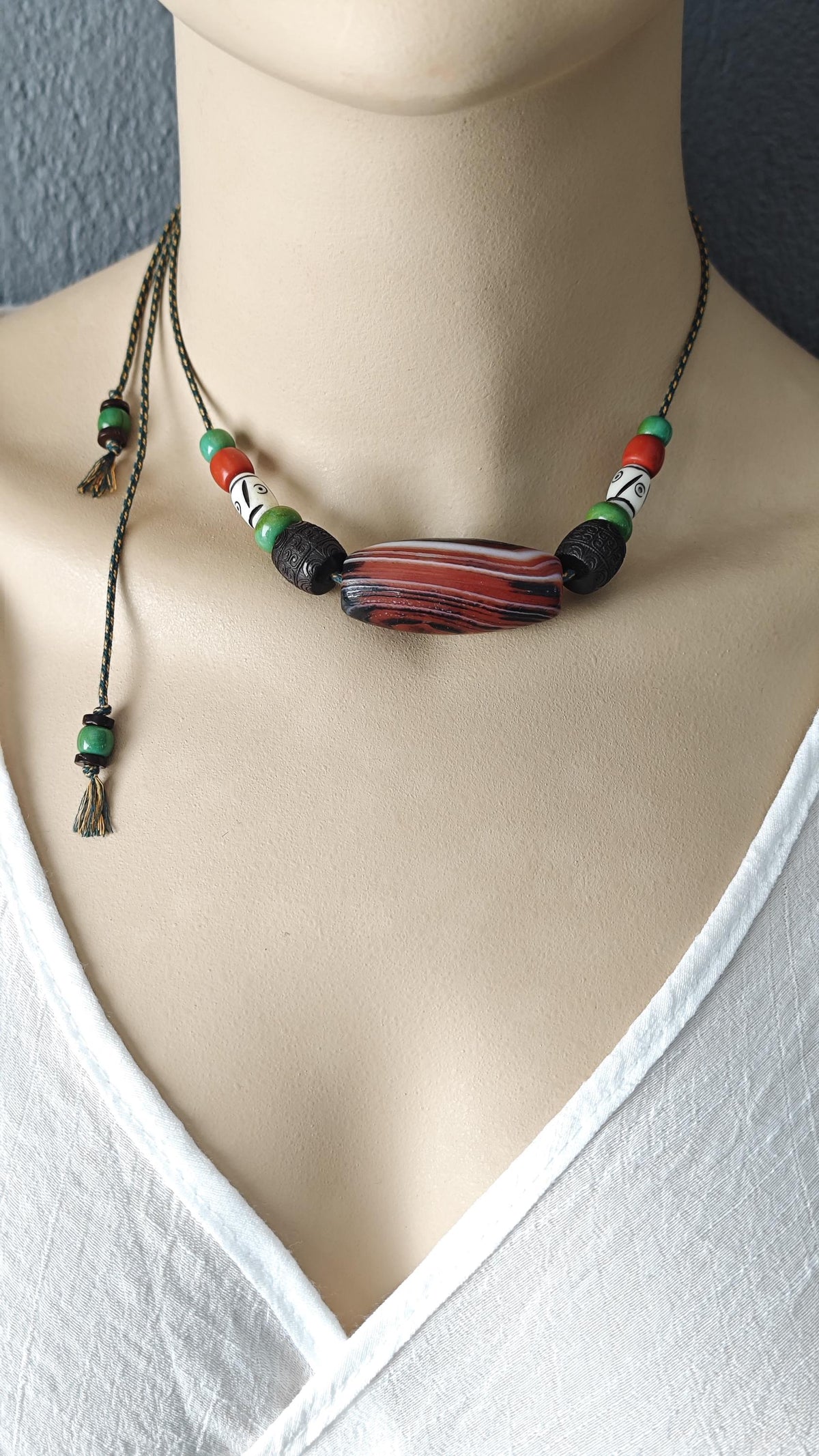 Tibetan Banded Dzi Bead Necklace, Hand Carved Yak Bone & Hardwood, Turquoise Tribal Amulet, Boho Adjustable Cord Choker for Men Women