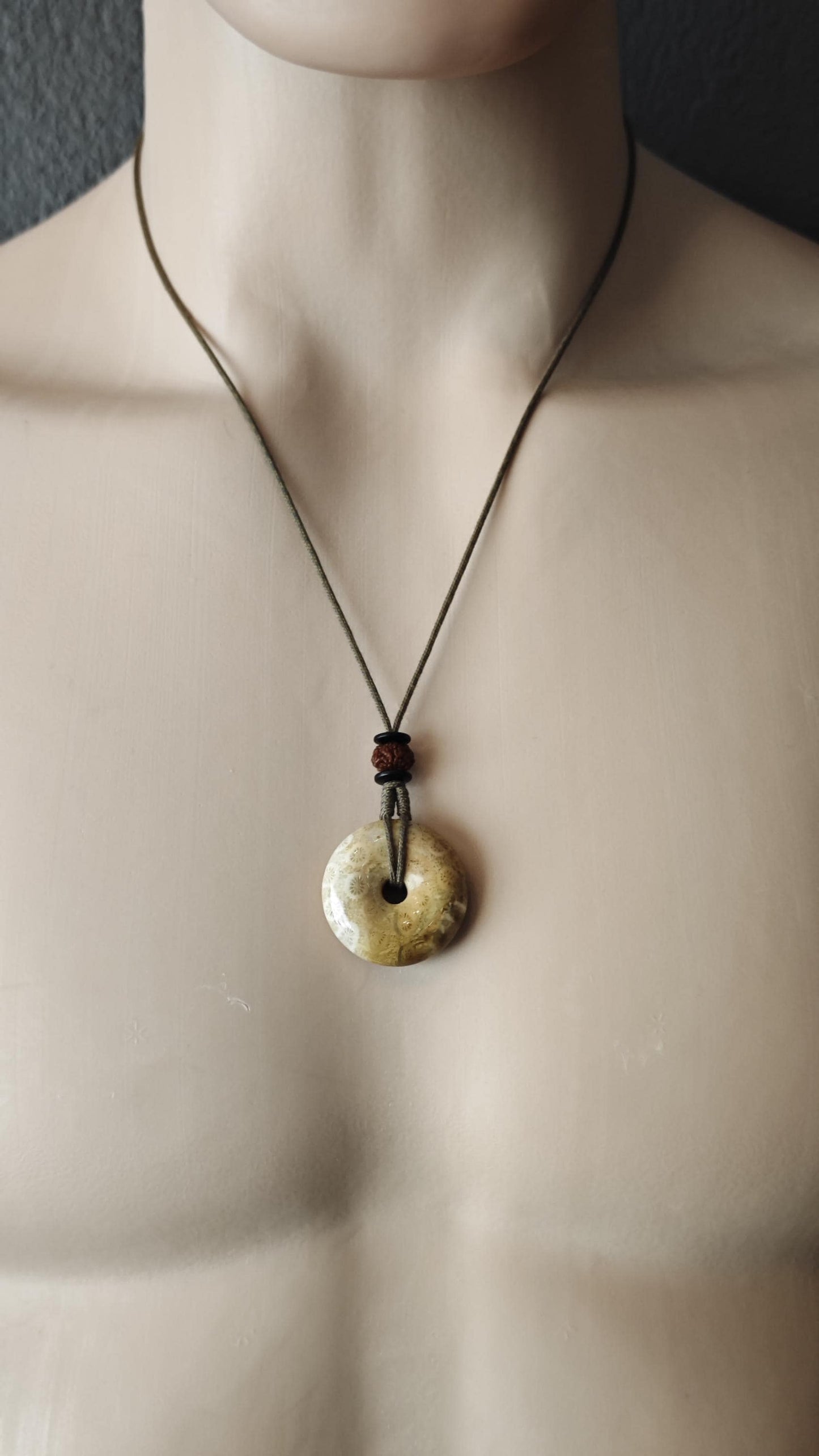 Coral Fossil Donut Pendant, Fossilized Coral Pi Disc Necklace, Rudraksha Mala Bead, Tribal Boho Amulet, Adjustable Cord Gift 40-70cm