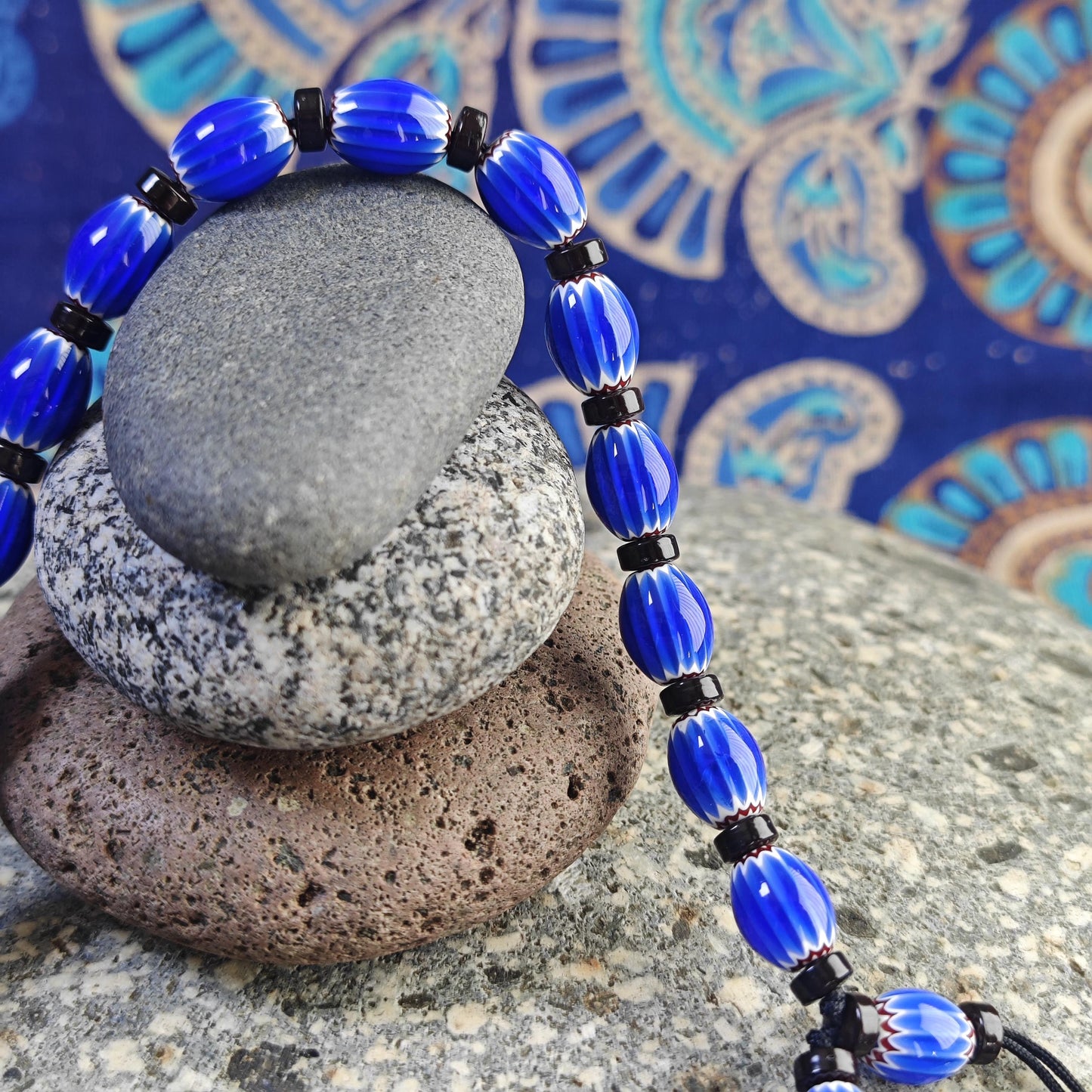 Blue Chevron African Trade Beads Necklace, Coconut Shell Choker, Tribal Boho Glass Jewelry
