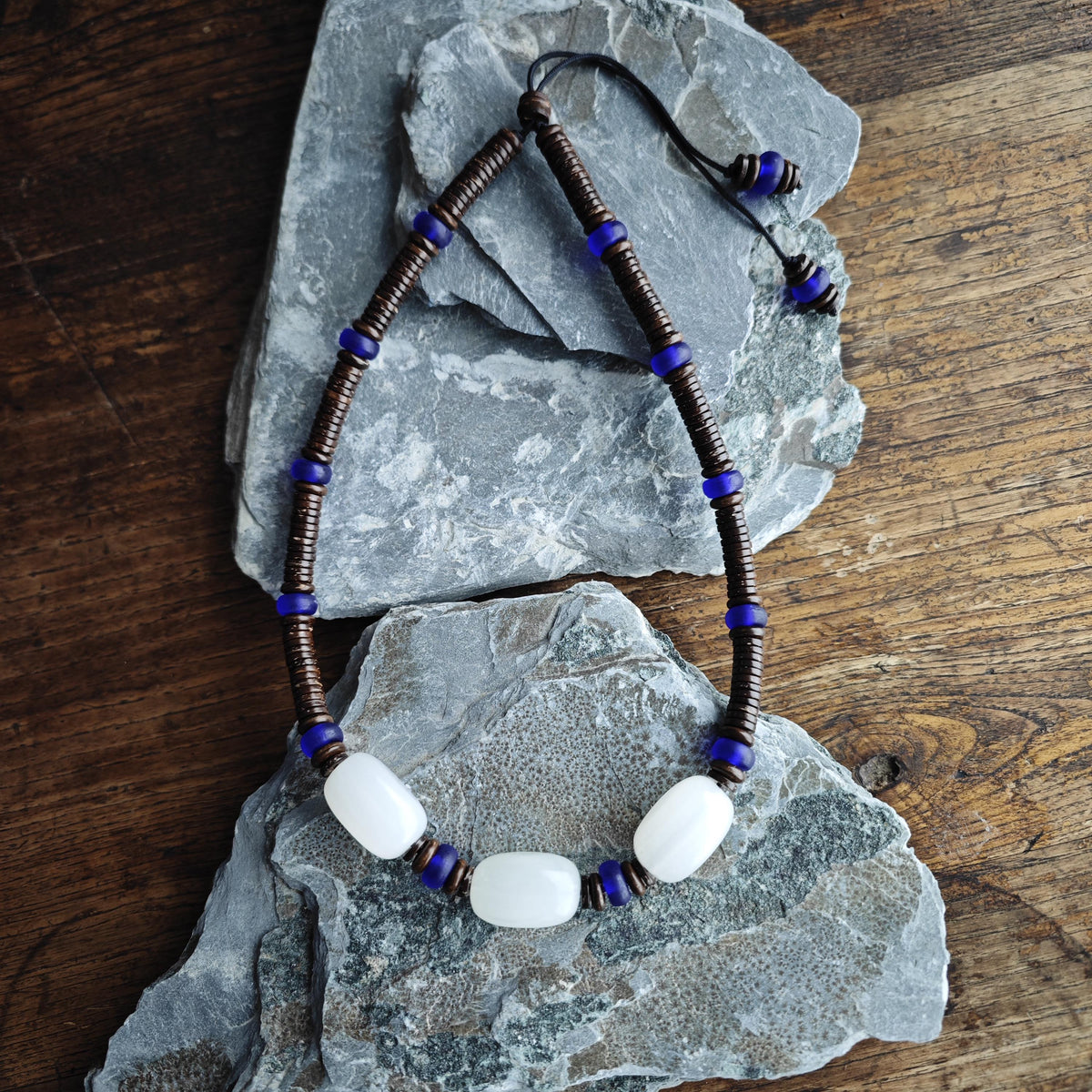 Mutton Fat White Jade Necklace, Cobalt Blue Liuli Bead Choker, Coconut Shell Heishi Chain, Zen Boho Jewelry, Unisex Gemstone Necklace 50cm