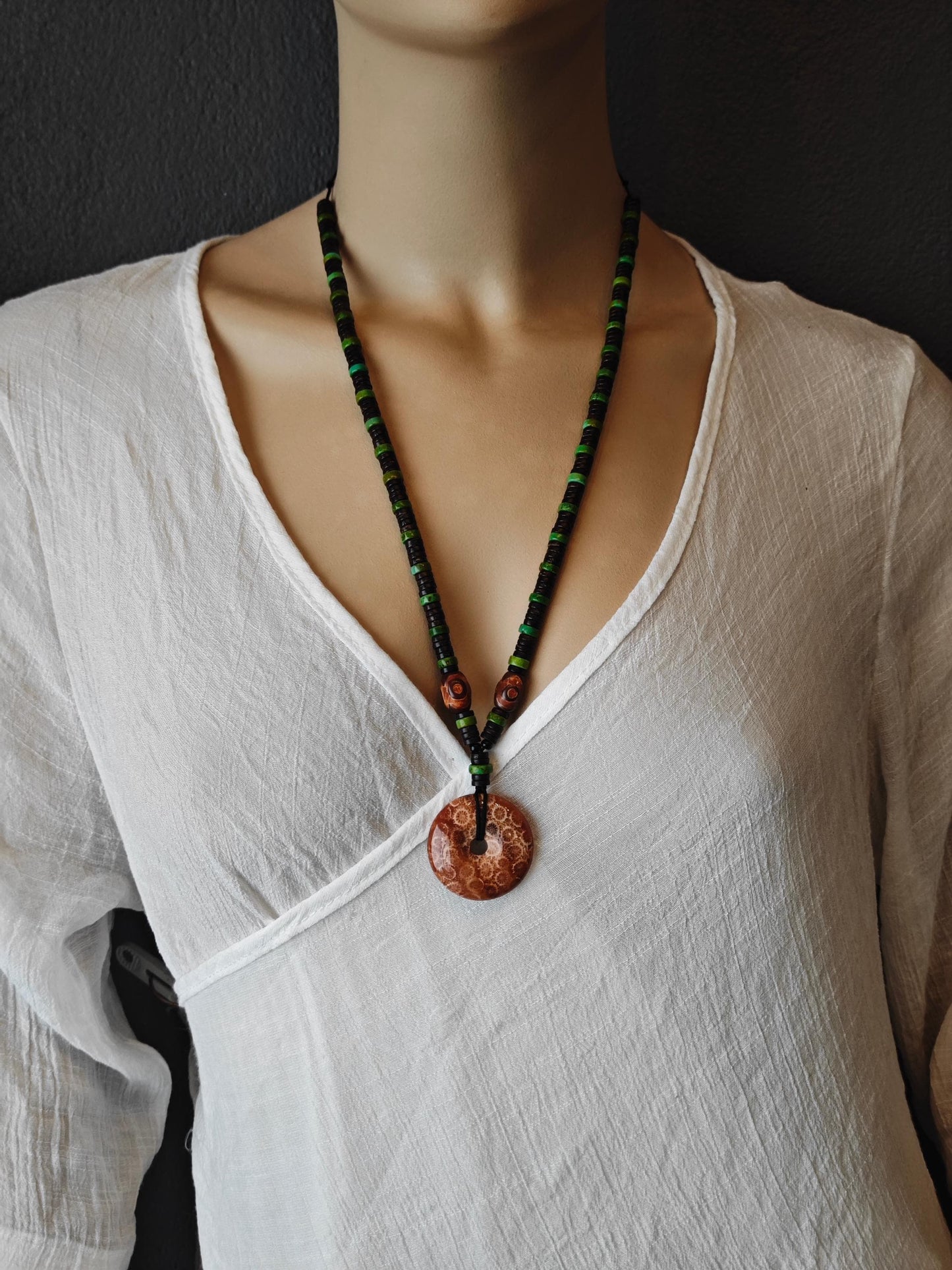 Indonesian Coral Fossil Necklace | Chrysanthemum Pattern, Mini Dzi, Turquoise | Ethnic Tribal Boho