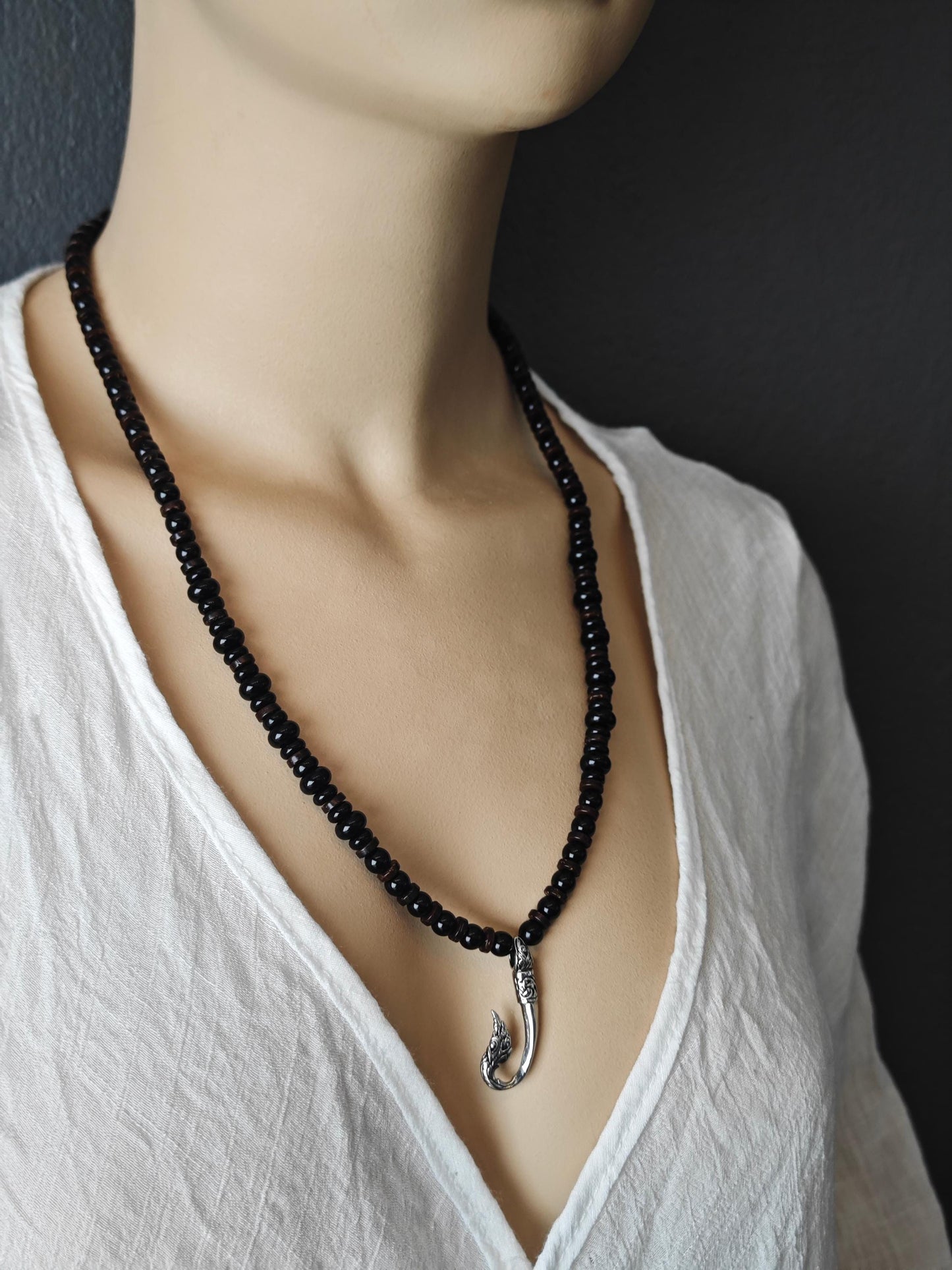 Black Onyx Agate Beaded Necklace, Thai Naga Hook Pendant, Ethnic Tribal Boho Chic Jewelry