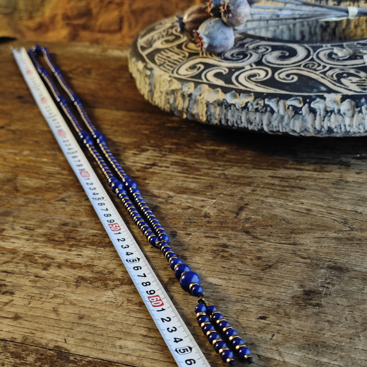 Handmade Long Lapis Lazuli Necklace with Hematite, Spiritual Ethnic Bohemian Jewelry